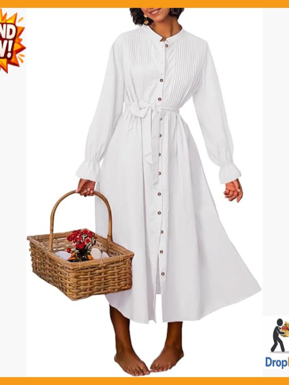 Long Sleeve Maxi Dress Button Down V Neck Flowy Belted Tie Waist A-Line Casual